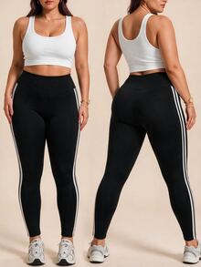 SHEIN Rhythm Era Women's Plus Size Thermal Lined Thick Leggings, Autumn/Winter Gym Black And White - Black - View 2