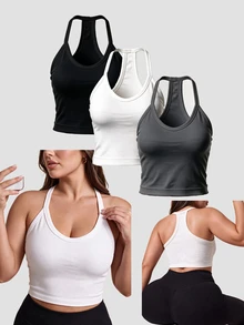 Velisys Velisys Women's Plus Size Solid Color Fitted Versatile Daily Wear Halter Neck Sports T-Shirt 3-Pack - Multicolor - View 3