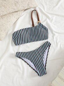 Swim Mod 女士春夏沙滩音乐节条纹针织提花单肩金属首饰时尚优雅比基尼套装 - 彩色 - 查看 3