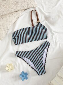 Swim Mod 女士春夏沙滩音乐节条纹针织提花单肩金属首饰时尚优雅比基尼套装 - 彩色 - 查看 6
