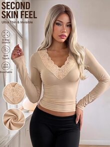 SHEIN EZwear Women's Lace Patchwork Fitted Versatile Daily Wear Long Sleeve Top - Khaki - View 8