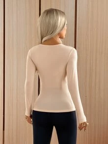SHEIN EZwear Women's Lace Patchwork Fitted Versatile Daily Wear Long Sleeve Top - Khaki - View 2