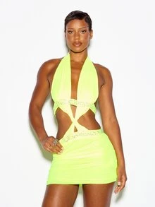 SUMWON WOMEN Neon Halter Neck Mini Dress With Rhinestone Trim Cut-Out Waist Ruched Skirt Deep Plunge Summer Festival Party Night Out - Green - View 1