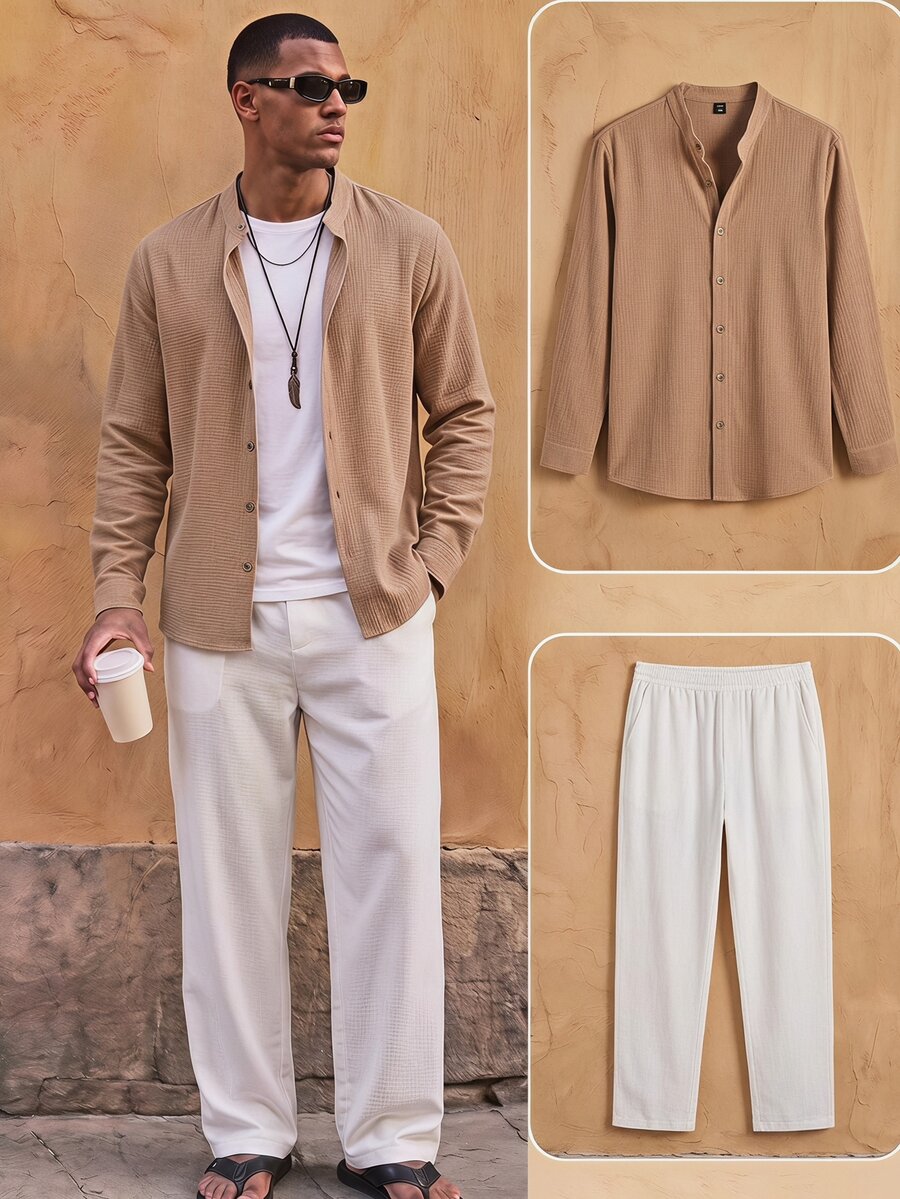 HIMLAND Men's Casual Versatile Solid Color Shirt And Pants Set - Khaki - View 1