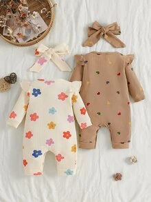 SHEIN Playful Pals 米色卡通印花新生兒嬰兒連身衣，愛心花朵滿版印花，可愛趣味針織洗禮服，棕色秋季家庭親子裝，周歲生日 - 彩色 - 查看 3