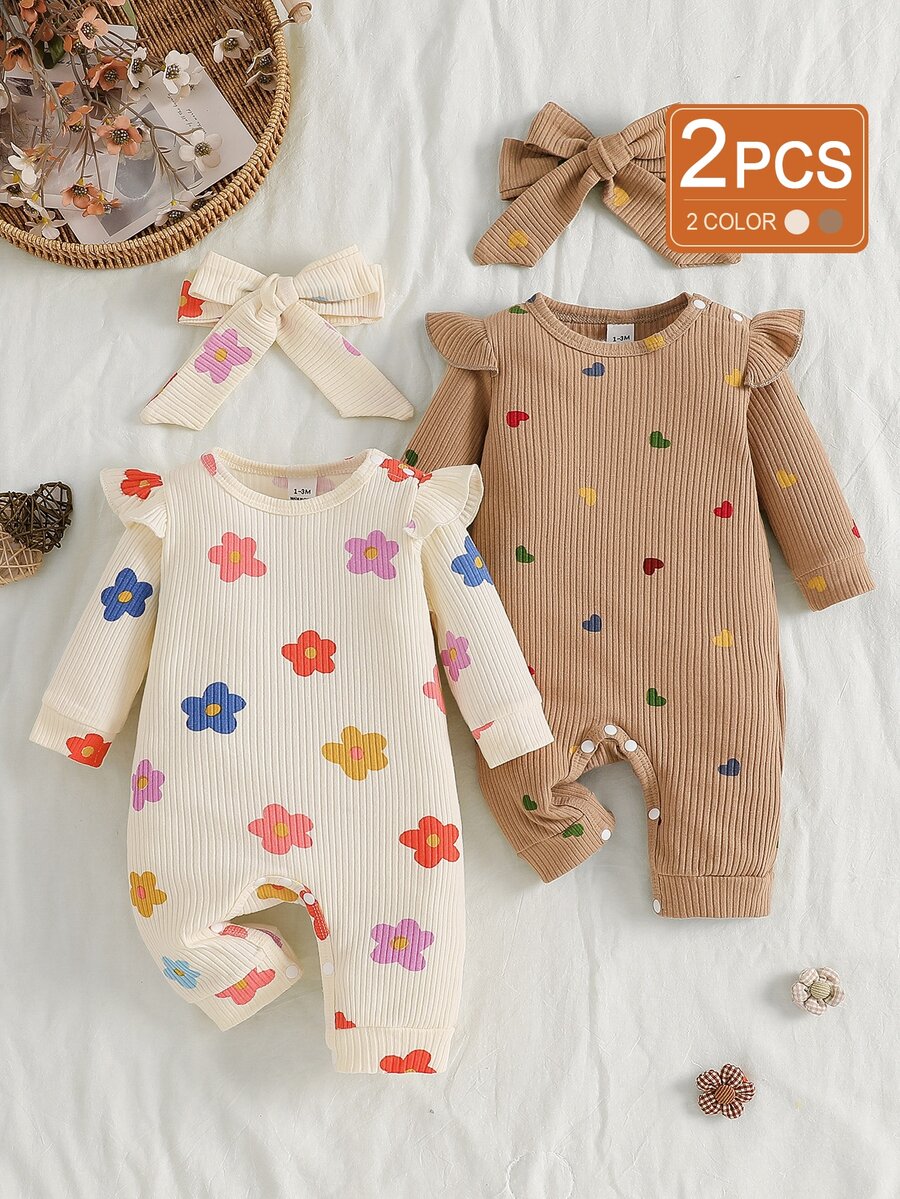 SHEIN Playful Pals 米色卡通印花新生兒嬰兒連身衣，愛心花朵滿版印花，可愛趣味針織洗禮服，棕色秋季家庭親子裝，周歲生日