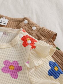 SHEIN Playful Pals 米色卡通印花新生兒嬰兒連身衣，愛心花朵滿版印花，可愛趣味針織洗禮服，棕色秋季家庭親子裝，周歲生日 - 彩色 - 查看 5