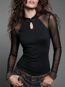 SHEIN 女款秋冬新款中式風格針織上衣,盤扣設計,立領,前胸鏤空設計,網格拼接,長袖 - 黑色 - 查看 9