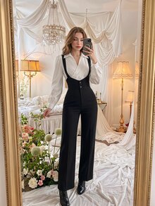 SHEIN MOD Black Classic Suspenders Trousers - Black - View 2