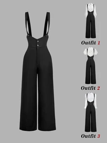 SHEIN MOD Black Classic Suspenders Trousers - Black - View 1