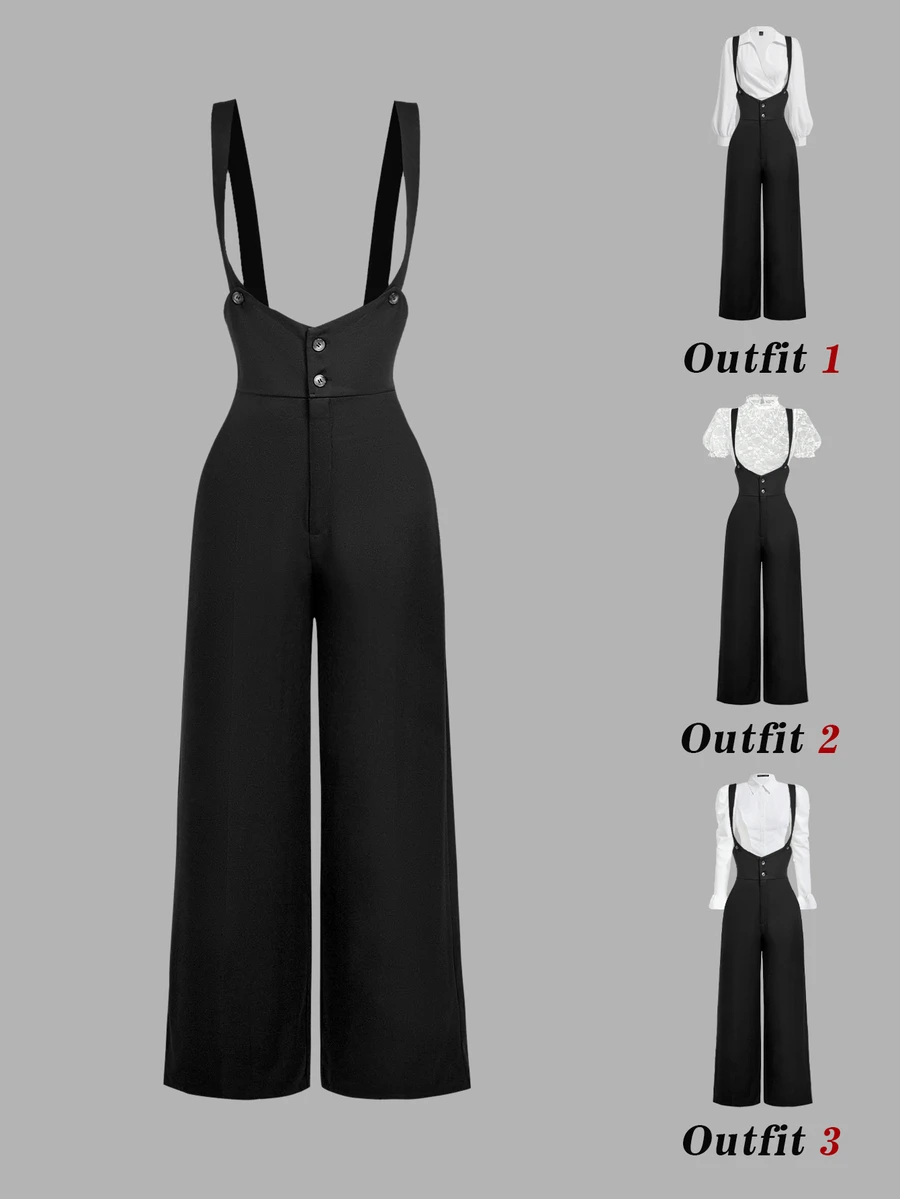 SHEIN MOD Black Classic Suspenders Trousers - Black - View 1