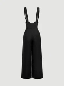 SHEIN MOD Black Classic Suspenders Trousers - Black - View 8