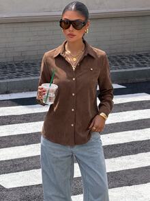 SHEIN Women's Ribbed Solid Color Casual Minimalist Loose Fit Shirt - Brown - View 4