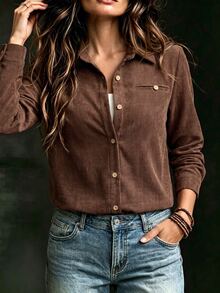 SHEIN Women's Ribbed Solid Color Casual Minimalist Loose Fit Shirt - Brown - View 1