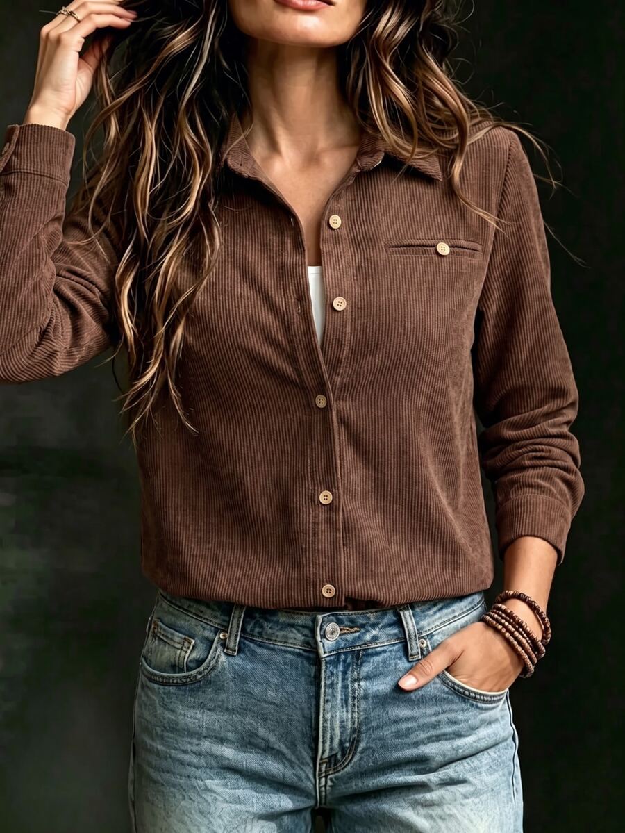 SHEIN Women's Ribbed Solid Color Casual Minimalist Loose Fit Shirt - Brown - View 1