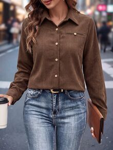 SHEIN Women's Ribbed Solid Color Casual Minimalist Loose Fit Shirt - Brown - View 3