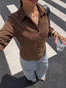SHEIN Women's Ribbed Solid Color Casual Minimalist Loose Fit Shirt - Brown - View 5