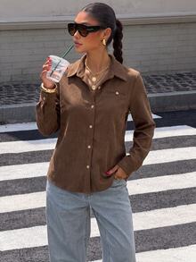 SHEIN Women's Ribbed Solid Color Casual Minimalist Loose Fit Shirt - Brown - View 7