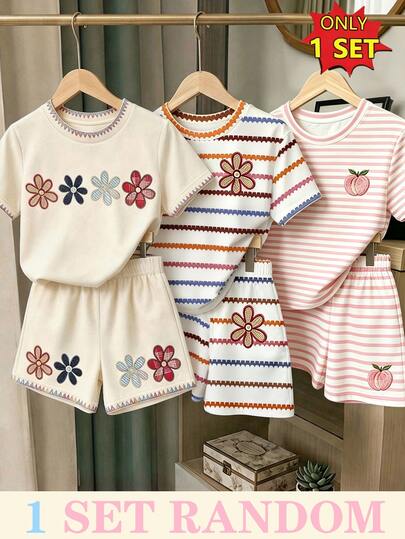 SHEIN Vintaside Kids (1 Set Random) Girls Fashion Minimalist Pink Striped Peach Horizontal Stripe Print Basic Short T-Shirt And Shorts Set Summer Daily Wear