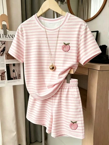 SHEIN (1 Set Random) Girls Fashion Minimalist Pink Striped Peach Horizontal Stripe Print Basic Short T-Shirt And Shorts Set Summer Daily Wear - Multicolor - View 3