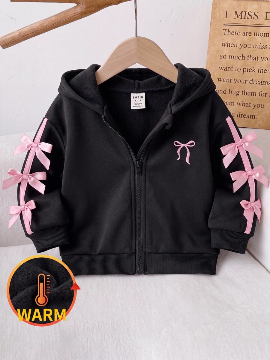 SHEIN 女嬰針織純色連帽對比色拼接3D蝴蝶結休閒秋季上衣 - 黑色 - 查看 1