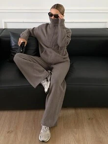 Livesso Women's 2pcs Set: Winter Coffee Brown Round Neck Long Sleeve Knit Sweater & High Waist Slim Fit Ribbed Knit Pants - Coffee Brown - View 5