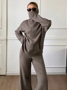 Livesso Women's 2pcs Set: Winter Coffee Brown Round Neck Long Sleeve Knit Sweater & High Waist Slim Fit Ribbed Knit Pants - Coffee Brown - View 4