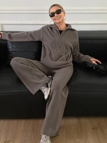 Livesso Women's 2pcs Set: Winter Coffee Brown Round Neck Long Sleeve Knit Sweater & High Waist Slim Fit Ribbed Knit Pants - Coffee Brown - View 9