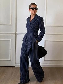 Livesso Women's 2 Pieces Set: Navy Blue Solid Color Button-Up Long Sleeve Collared Top With Wide Leg Pants Fall - Navy Blue - View 5