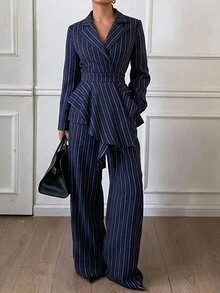 Livesso Women's 2 Pieces Set: Navy Blue Solid Color Button-Up Long Sleeve Collared Top With Wide Leg Pants Fall - Navy Blue - View 4