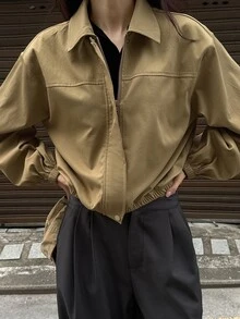 Livesso Women's Solid Color Drop Shoulder Long Sleeve Zipper Front Casual Jacket Fall - Khaki - View 1