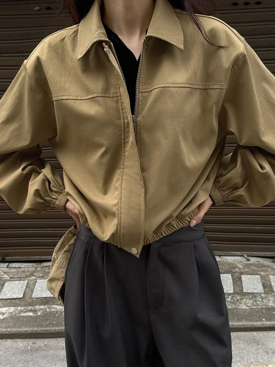 Livesso Women's Solid Color Drop Shoulder Long Sleeve Zipper Front Casual Jacket Fall - Khaki - View 1
