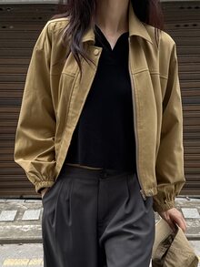 Livesso Women's Solid Color Drop Shoulder Long Sleeve Zipper Front Casual Jacket Fall - Khaki - View 5
