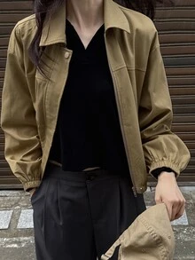 Livesso Women's Solid Color Drop Shoulder Long Sleeve Zipper Front Casual Jacket Fall - Khaki - View 4
