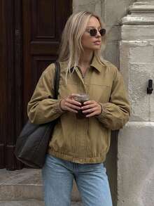 Livesso Women's Solid Color Drop Shoulder Long Sleeve Zipper Front Casual Jacket Fall - Khaki - View 7