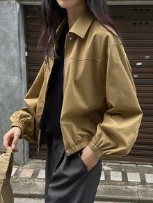 Livesso Women's Solid Color Drop Shoulder Long Sleeve Zipper Front Casual Jacket Fall - Khaki - View 6