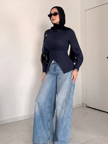 Solavon 女款韓式優雅端莊單排扣百褶腰長袖襯衫，海軍藍，適合辦公室與早午餐，秋季穿搭 - 藏蓝色 - 查看 5