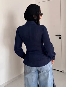 Solavon 女款韓式優雅端莊單排扣百褶腰長袖襯衫，海軍藍，適合辦公室與早午餐，秋季穿搭 - 藏蓝色 - 查看 4