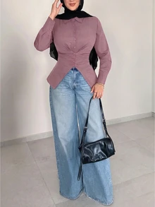 Solavon 女款秋季休閒保守優雅純色收腰襯衫 辦公室穿搭 藕紫色 - 粉色 - 查看 6