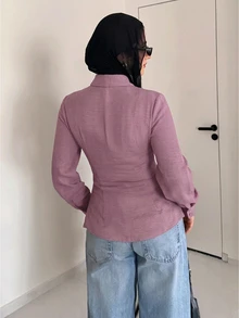 Solavon 女款秋季休閒保守優雅純色收腰襯衫 辦公室穿搭 藕紫色 - 粉色 - 查看 7