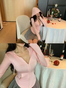 DAZY 女款修身短款連帽衛衣，收腰設計，前開襟，附口袋與長袖，秋季 Y2K 風格 - 粉色 - 查看 5