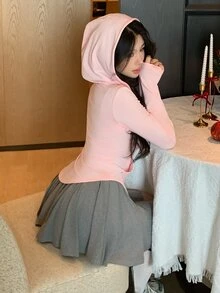 DAZY 女款修身短款連帽衛衣，收腰設計，前開襟，附口袋與長袖，秋季 Y2K 風格 - 粉色 - 查看 2