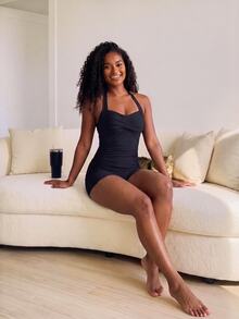 SHEIN Unity Plus Size Women Solid Color Sexy Slim Fit Tummy Control Sports Jumpsuit - Black - View 3
