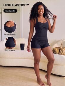 SHEIN Unity Plus Size Women Solid Color Sexy Slim Fit Tummy Control Sports Jumpsuit - Black - View 1