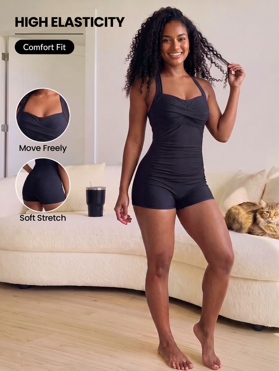 SHEIN Unity Plus Size Women Solid Color Sexy Slim Fit Tummy Control Sports Jumpsuit - Black - View 1