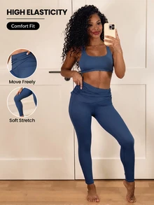 SHEIN Unity Plus Size Women's Ruched Waist Sports Pants Dusty Blue Gym Sports Summer Gym Sports Gym Pilates Gym Tropical - Navy Blue - View 1