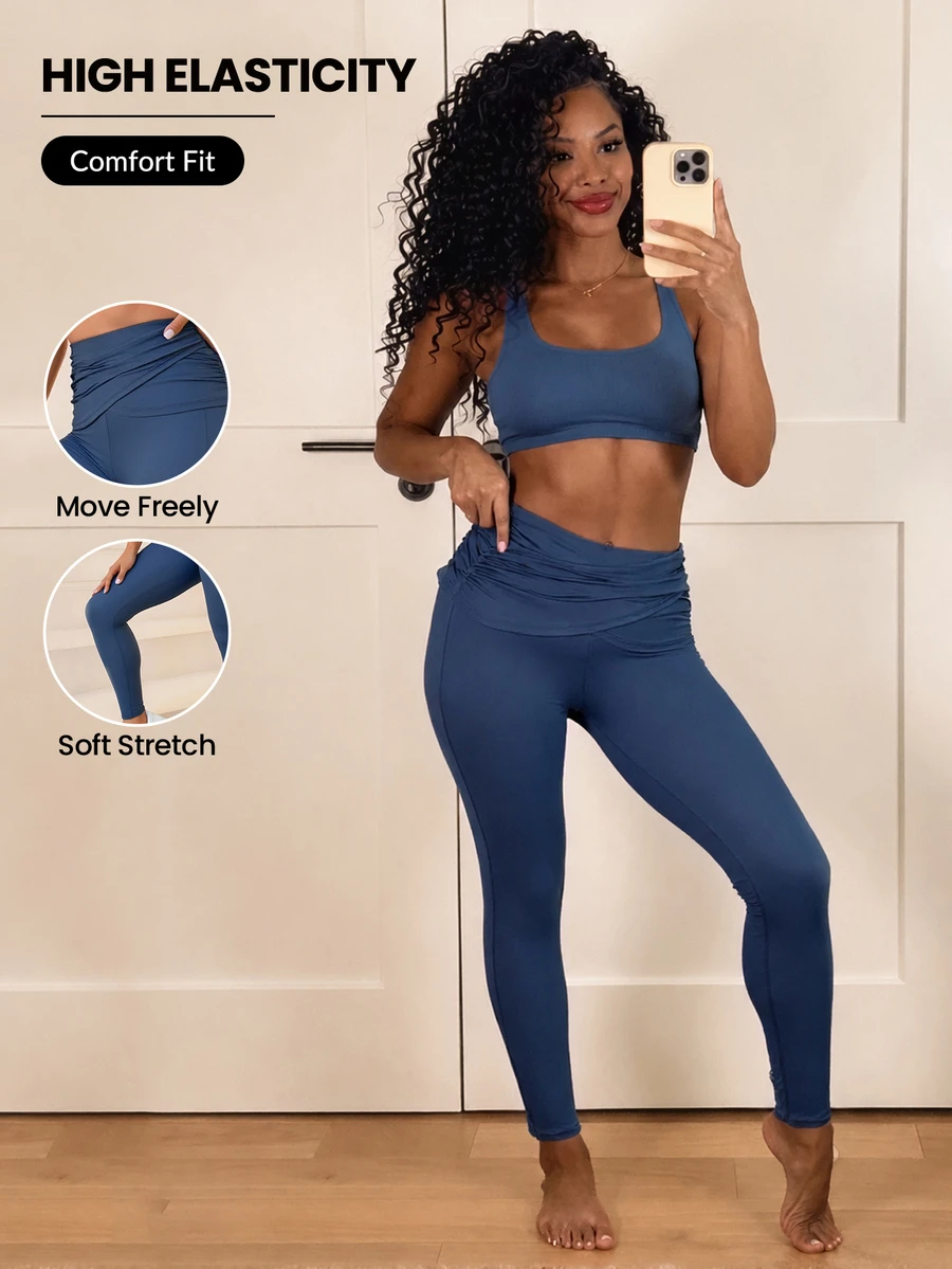 SHEIN Unity Plus Size Women's Ruched Waist Sports Pants Dusty Blue Gym Sports Summer Gym Sports Gym Pilates Gym Tropical - Navy Blue - View 1