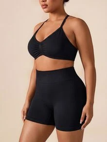 Easithlete Easithlete Women's Plus Size Solid Color Pleated Halter Top And Shorts Casual Daily Sports Set Gym Pilates Black Summer - Black - View 3