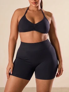 Easithlete Easithlete Women's Plus Size Solid Color Pleated Halter Top And Shorts Casual Daily Sports Set Gym Pilates Black Summer - Black - View 5
