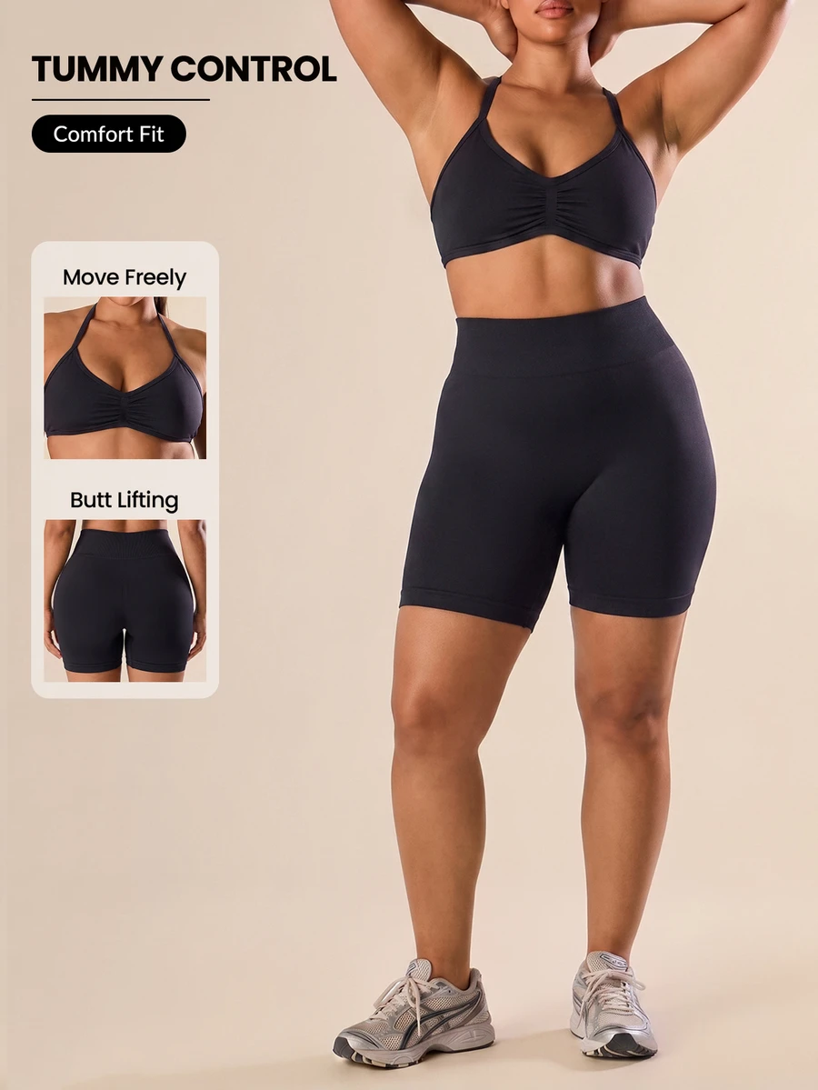 Easithlete Easithlete Women's Plus Size Solid Color Pleated Halter Top And Shorts Casual Daily Sports Set Gym Pilates Black Summer - Black - View 1